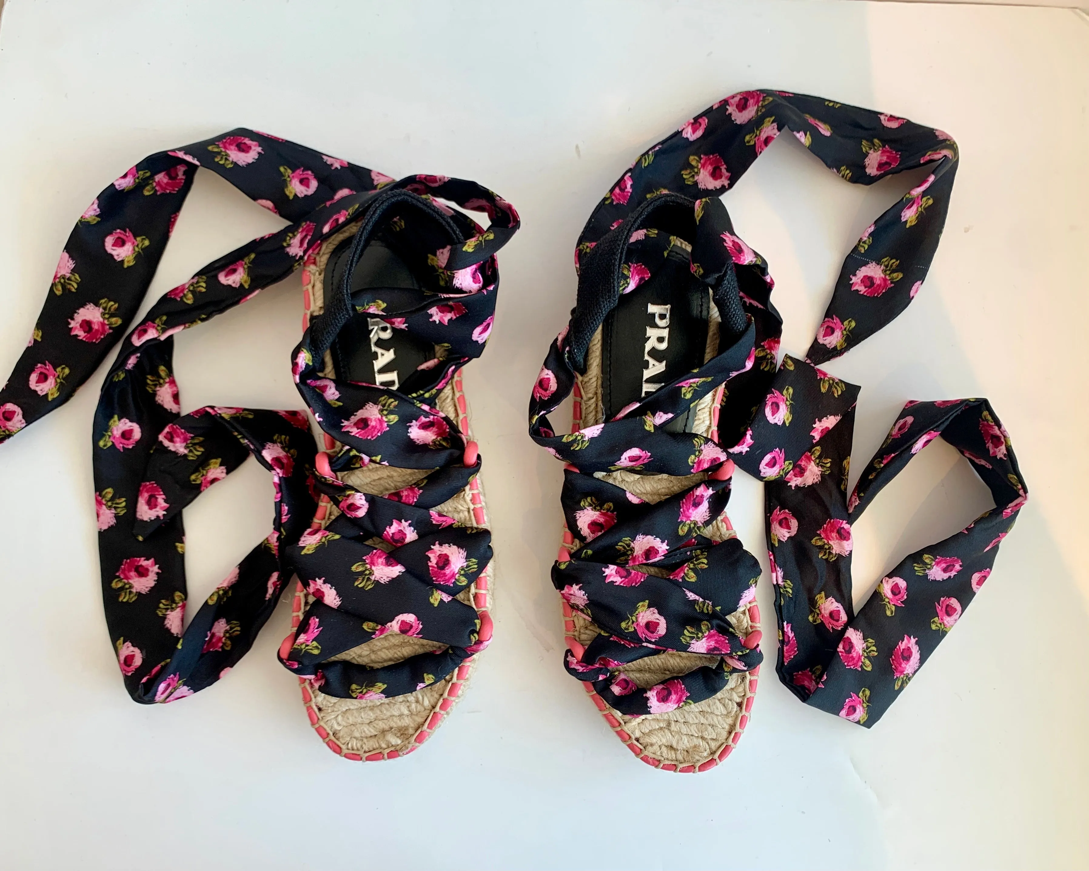 Prada Floral Lace Up Espadrilles