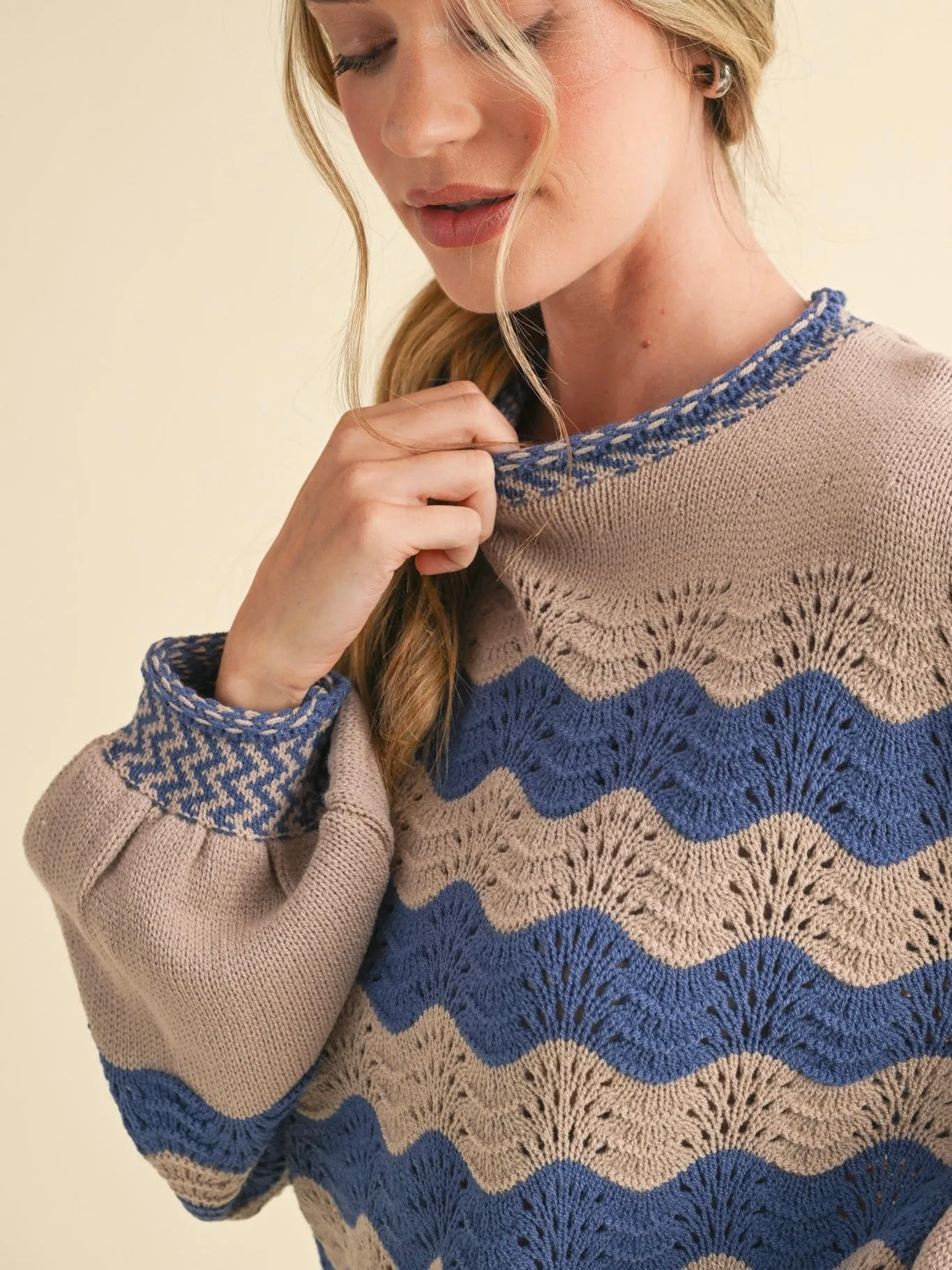 Wavy Stripe Puff Sleeve Sweater