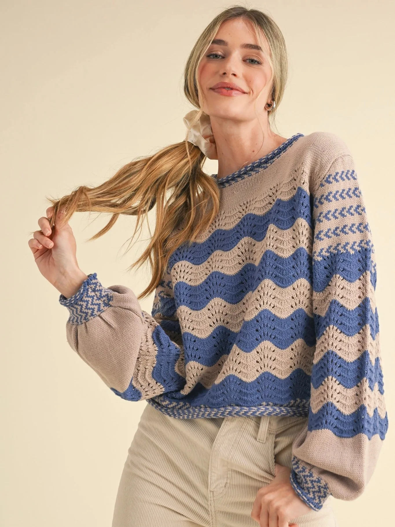 Wavy Stripe Puff Sleeve Sweater